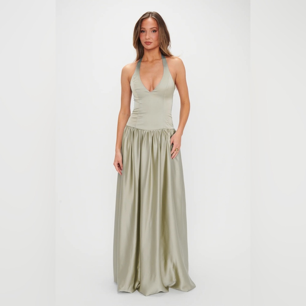 Show Me Your MuMu Light Sage Satin Halter Maxi Dress